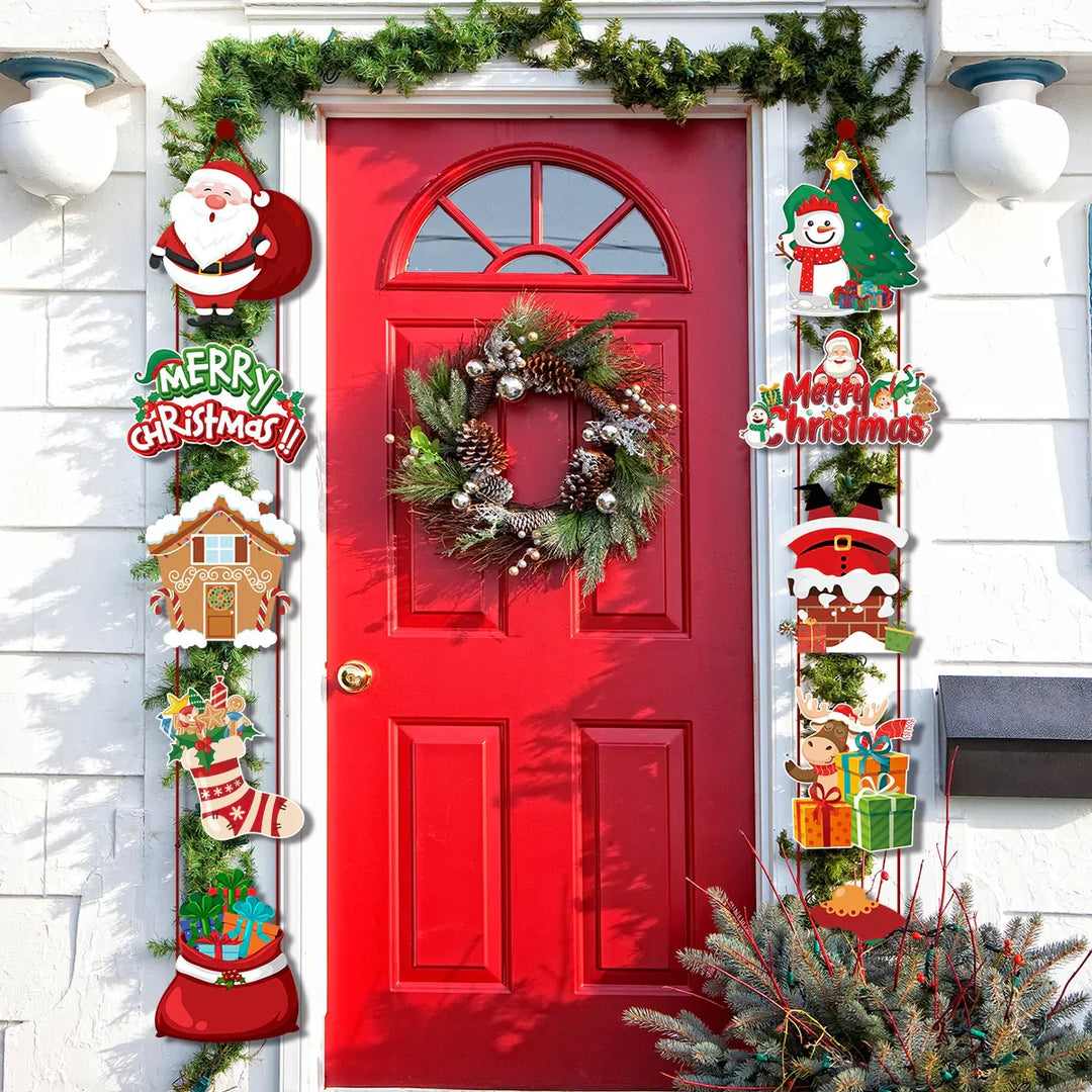 Festinova | Bannière de porte de Noël | Design Joyeux Noël avec Père Noël & Bonhomme de neige | Imprimé des deux côtés | Pour intérieur & extérieur