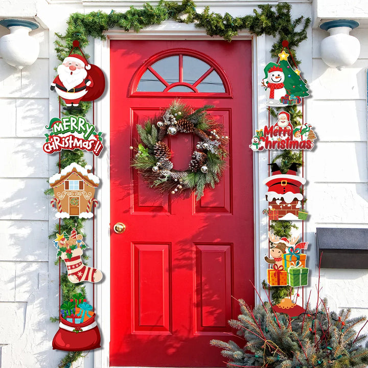Festinova | Bannière de porte de Noël | Design Joyeux Noël avec Père Noël & Bonhomme de neige | Imprimé des deux côtés | Pour intérieur & extérieur