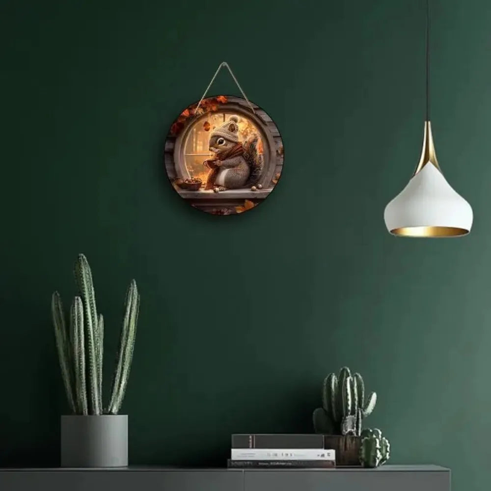 Panneau en bois AutumnTail | Panneau de bienvenue rond avec motif d'écureuil | 20–30 cm | Décoration d'automne et d'hiver faite à la main