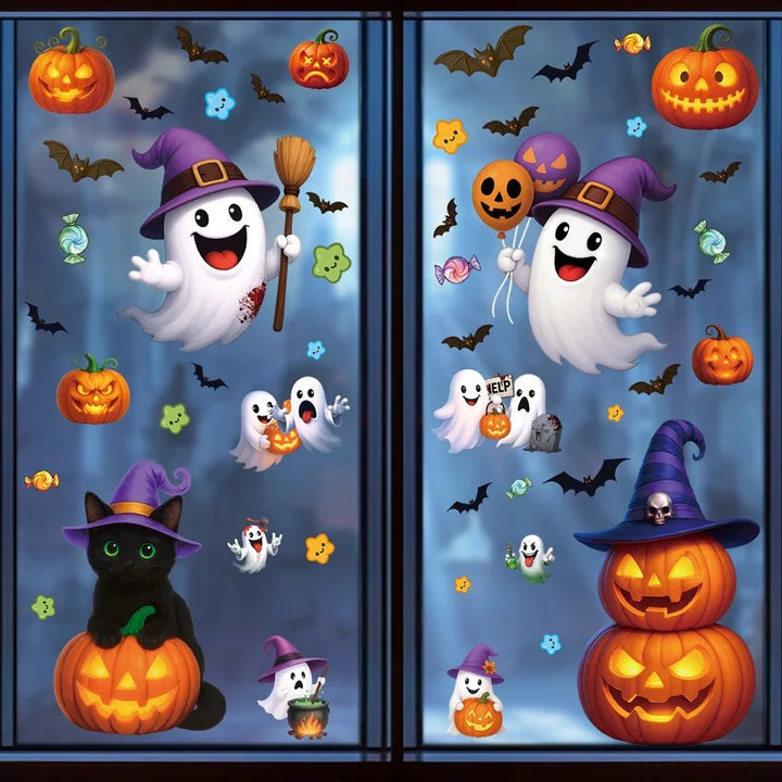 Autocollants de fenêtre SpookyPumpkins | Autocollants de décoration d'Halloween | Citrouille, chat & fantôme | Réutilisables & adhésifs statiques