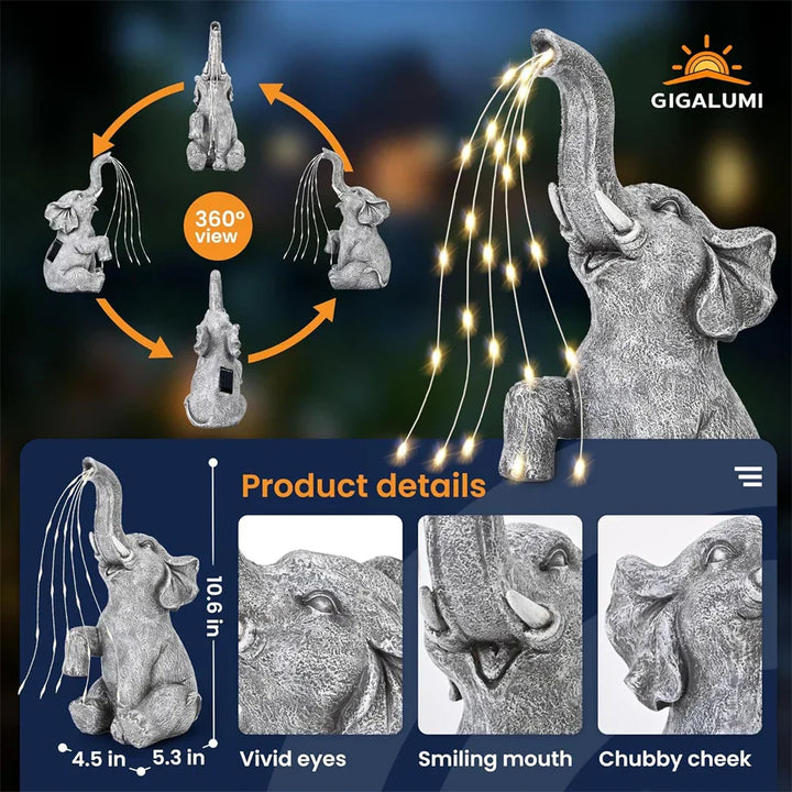 Figurine éléphant solaire LumaPachy avec guirlande lumineuse | Décoration de jardin & idée cadeau | Sculpture LED étanche pour jardin, terrasse & balcon