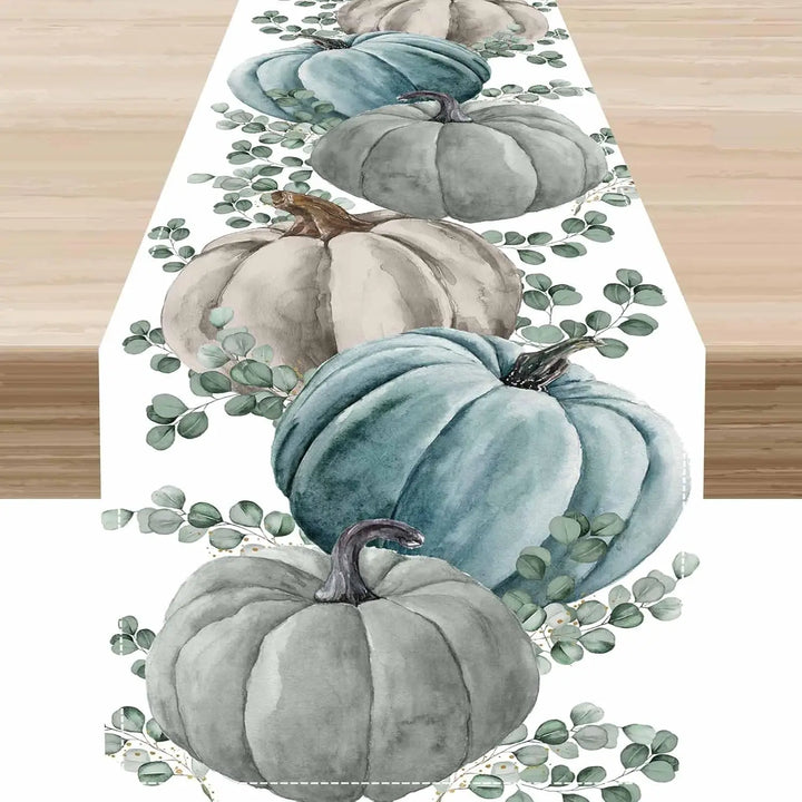 Chemin de table d'automne AutumnGrace | Aspect lin avec motifs de citrouille et de feuilles | Pour Thanksgiving, cuisine et table de fête