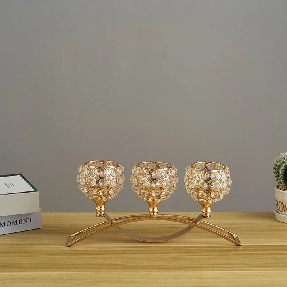 CristaLuce Bougeoir | 3 Coupes en Cristal | Design Arc Moderne | Métal & Verre | 33×9×15,5 cm