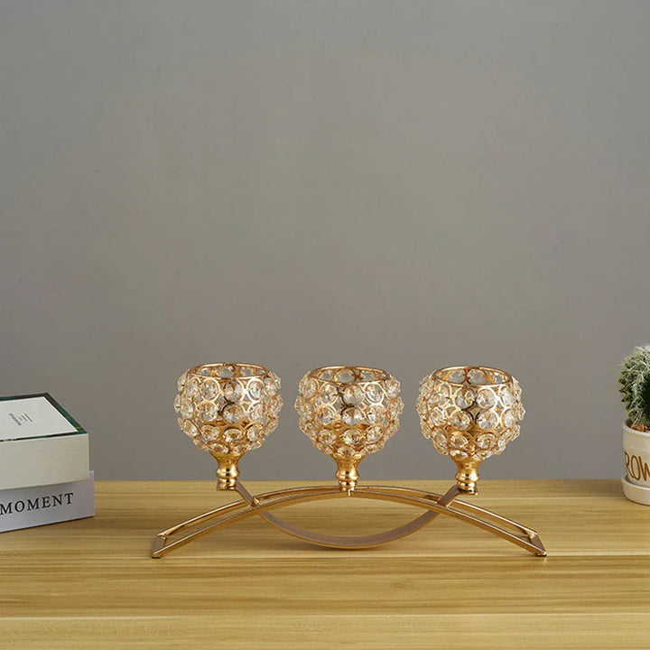 CristaLuce Bougeoir | 3 Coupes en Cristal | Design Arc Moderne | Métal & Verre | 33×9×15,5 cm