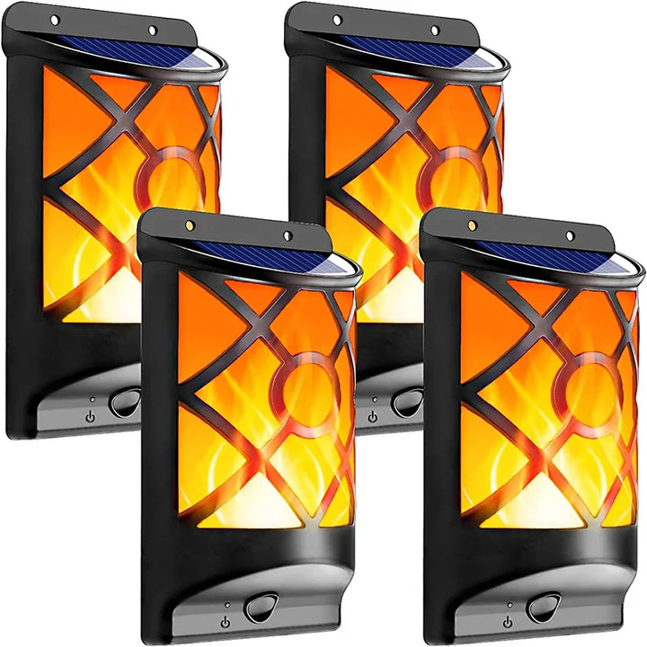 Torche Solaire FlammaLuce | 96 LED Lumière Flamme | Étanche IP65 | Applique de Jardin avec Design en Grille