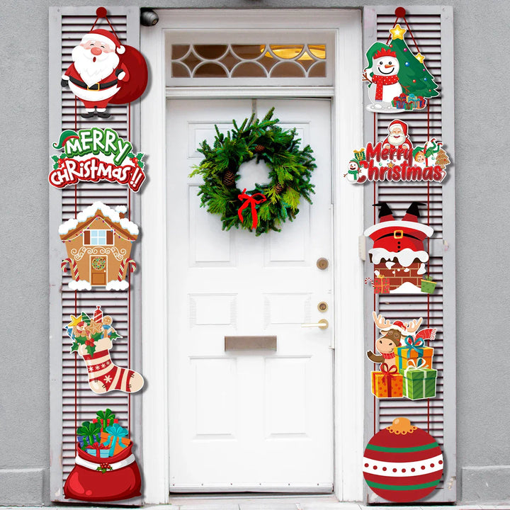 Festinova | Bannière de porte de Noël | Design Joyeux Noël avec Père Noël & Bonhomme de neige | Imprimé des deux côtés | Pour intérieur & extérieur
