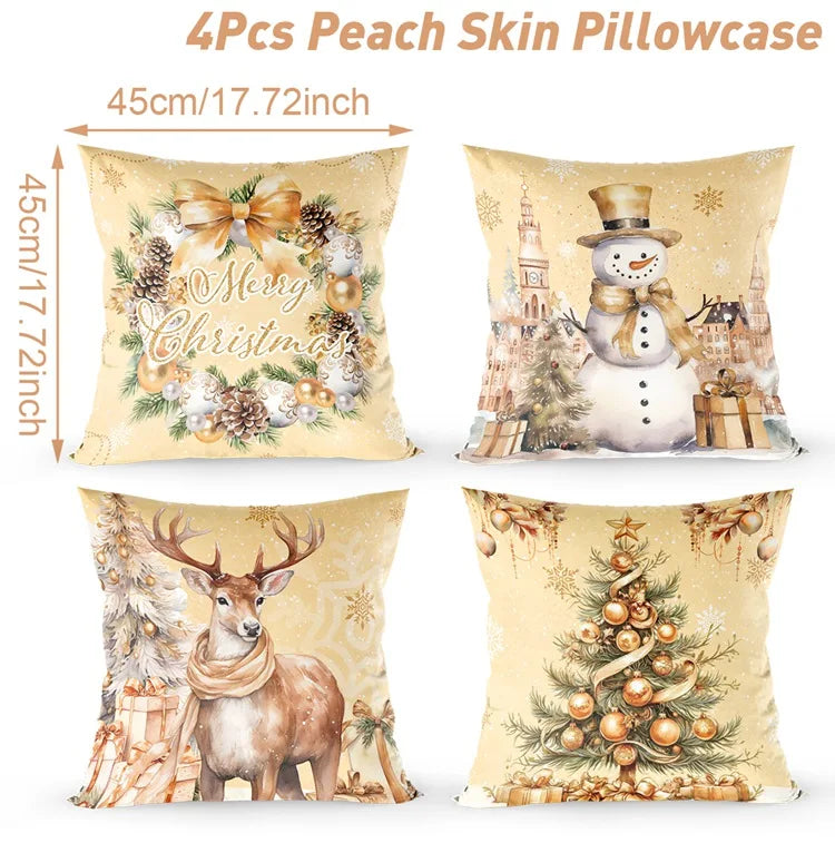 Ensemble de Housses de Coussin de Noël (4 pièces) | Décoration Festive pour la Maison | Coton Doux | 45x45 cm