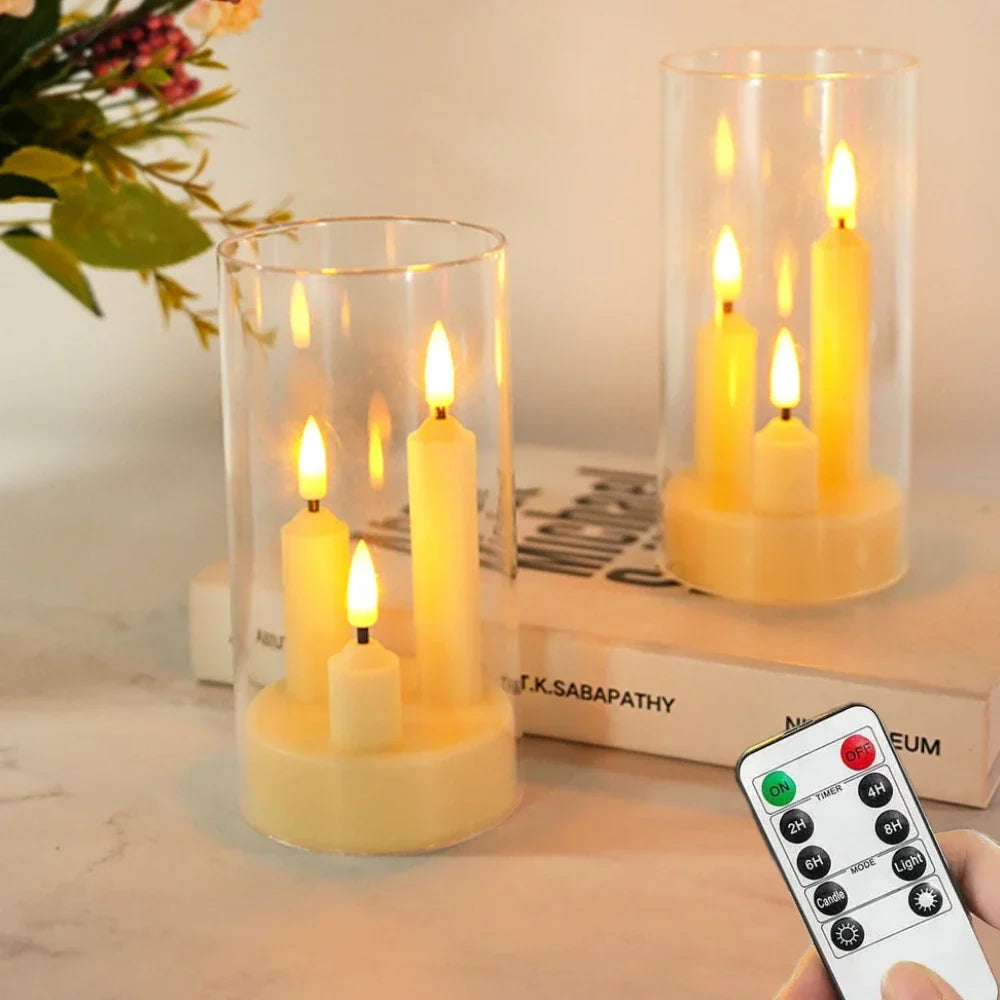 LumièreTrio Bougie LED-Stumpenkerze avec 3 mèches | 7,5 × 15 cm | Télécommande & Minuteur | Lumière chaude vacillante | Design en acrylique