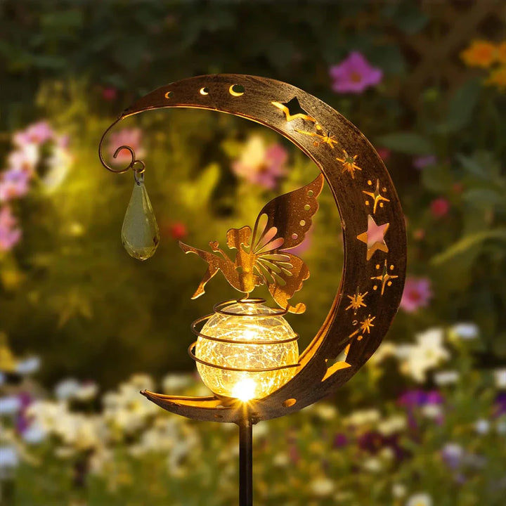 Lunafeya Lampe de jardin solaire avec Lune & Fée | Boule en verre fissuré | Étanche IP55 | Décoration romantique pour chemin & parterre