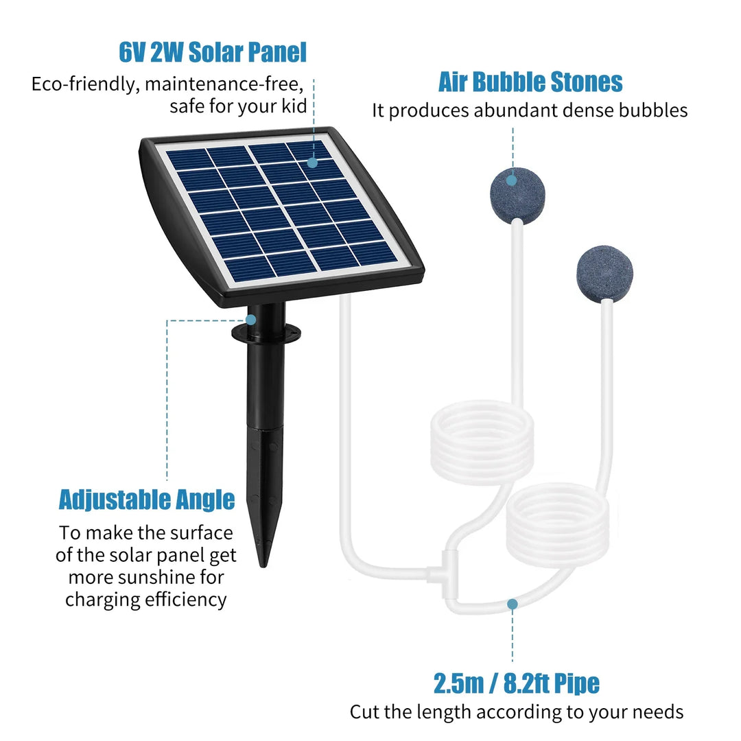 AquaSola Pompe à oxygène solaire avec batterie | 6V 2W | Pour étangs & aquariums | Inclus : 2 pierres à air & tuyau de 0,25 cm