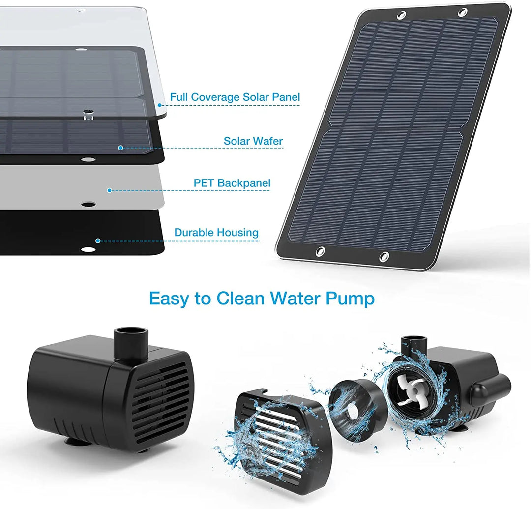 Fontaine solaire AquaViva 9W | Kit DIY avec buses et tuyau d'eau | Pour bain d'oiseaux, étang et jardin | Débit de 180 L/h