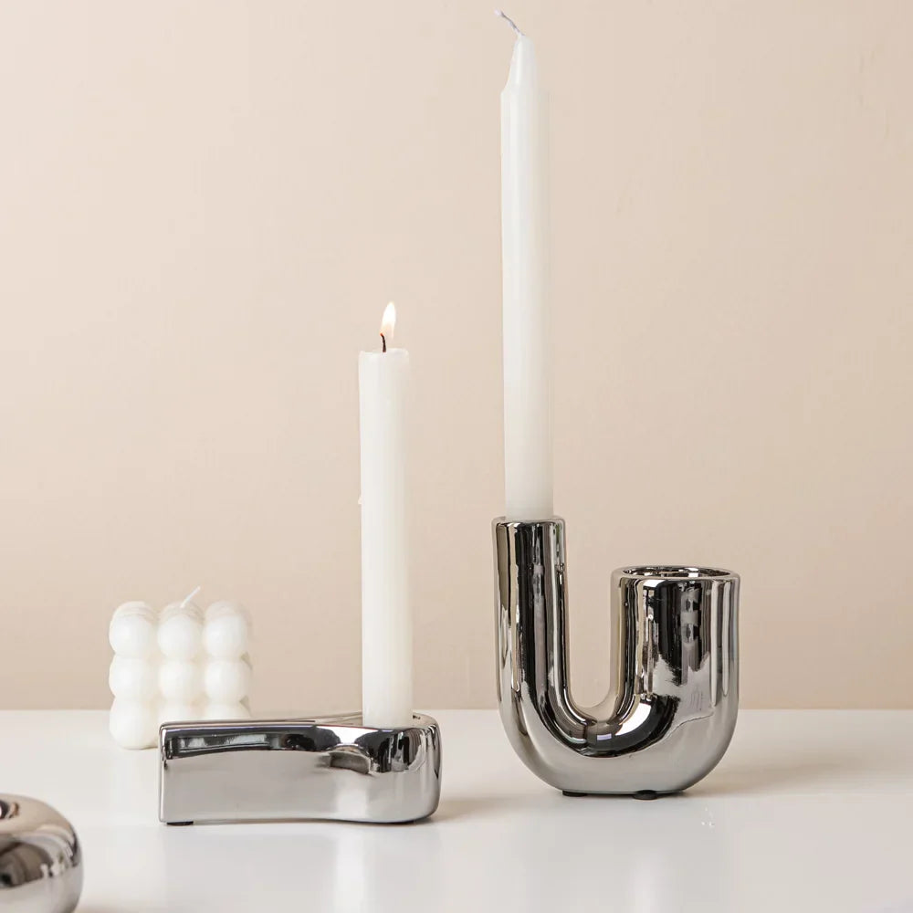 LUXORA Porte-bougie | Forme cylindrique | Argenté | Décoration moderne en céramique