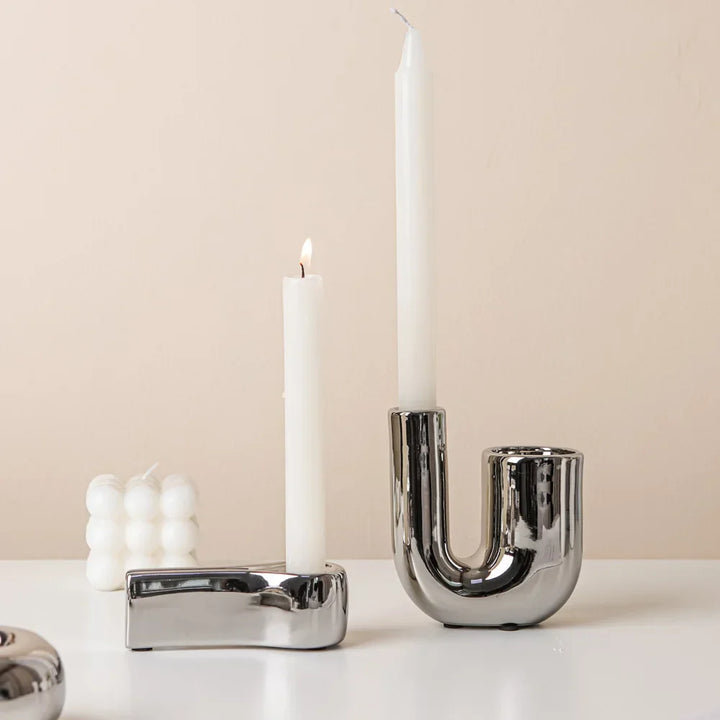 LUXORA Porte-bougie | Forme cylindrique | Argenté | Décoration moderne en céramique