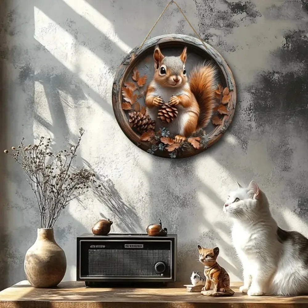 Panneau en bois AutumnTail | Panneau de bienvenue rond avec motif d'écureuil | 20–30 cm | Décoration d'automne et d'hiver faite à la main