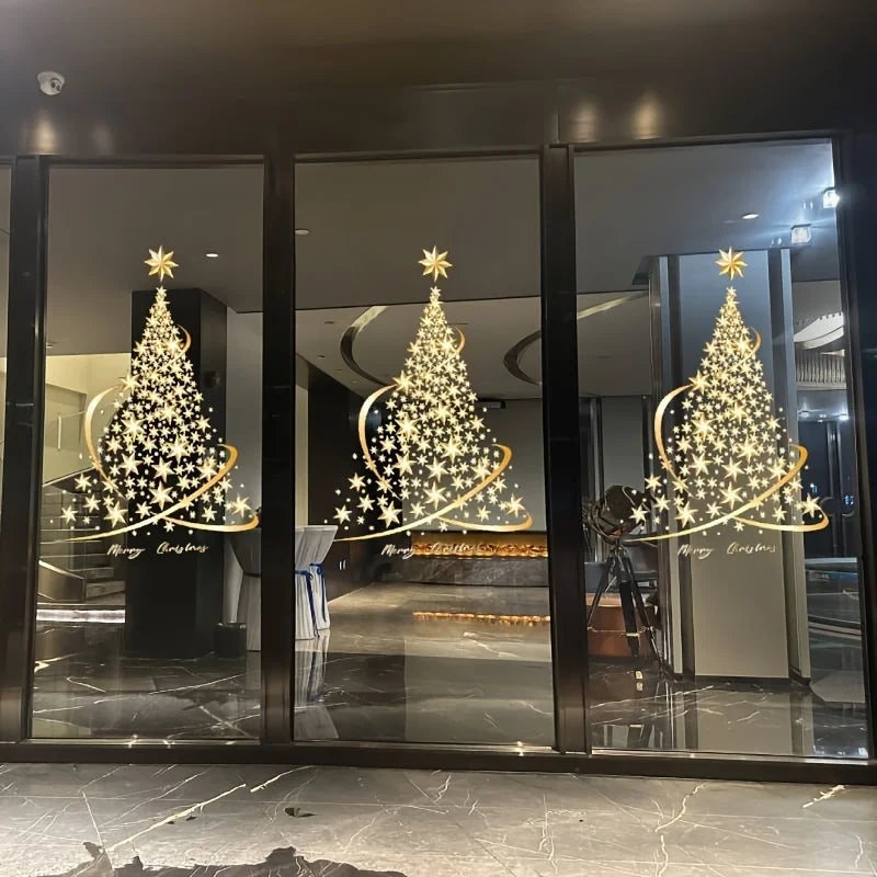 Autocollants de fenêtre GloriaTree | Set de 2 arbres de Noël dorés | Décoration PVC réutilisable pour verre et fenêtres
