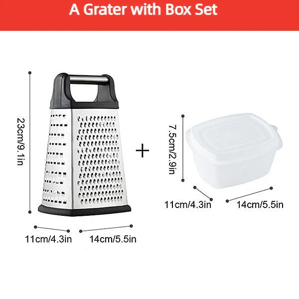 Gratello Râpe de cuisine 4-en-1 avec récipient et couvercle | Acier inoxydable & base antidérapante | Pour fromage, légumes, agrumes & plus | 22 × 11 × 9 cm
