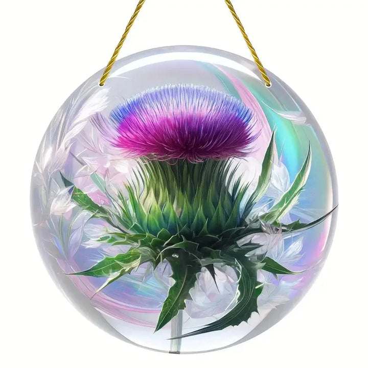 Attrape-Soleil ThistleLight | Décoration de fenêtre en acrylique ronde avec motif de chardon | 15–20 cm | Peint à la main & translucide