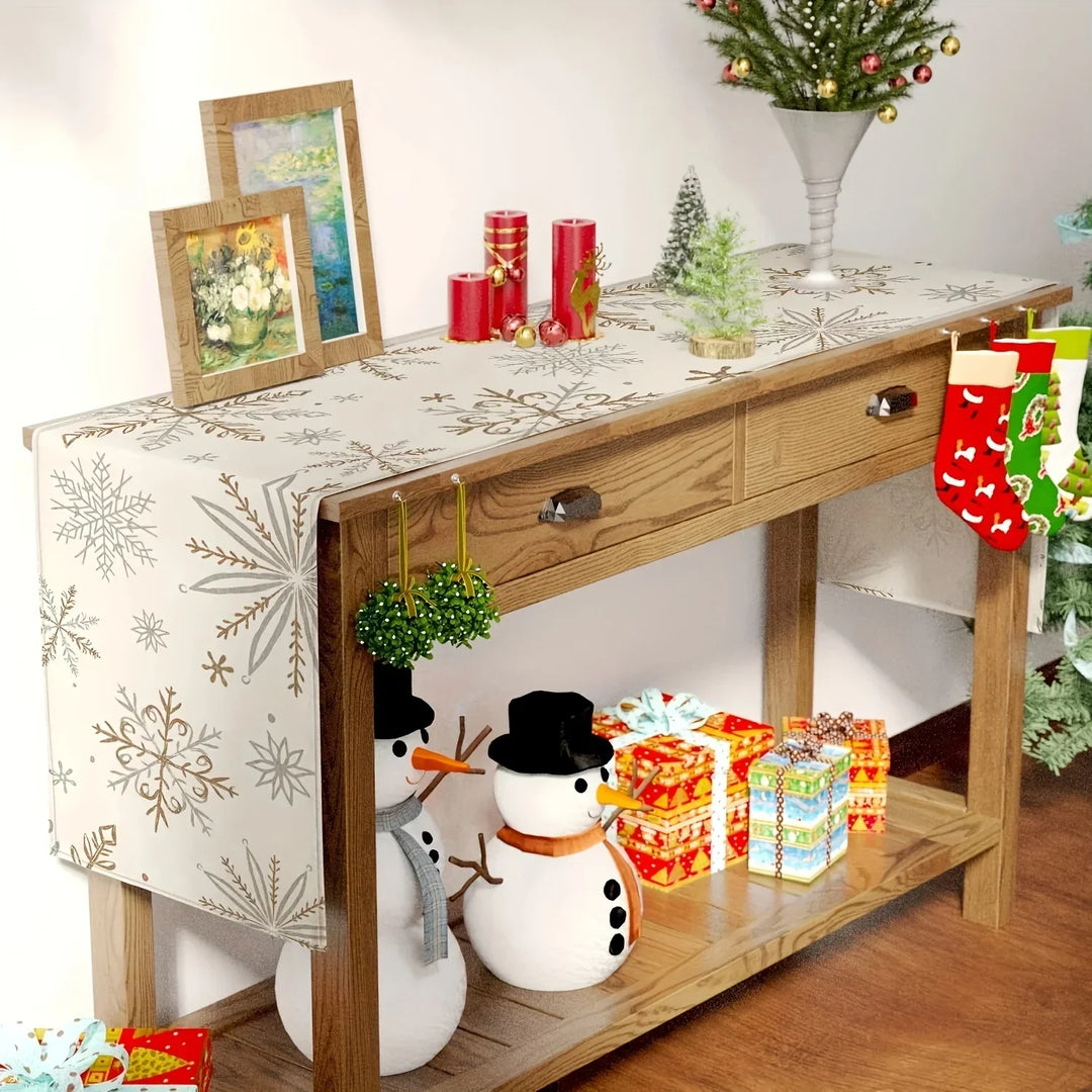 Nordglanz | Chemin de table d'hiver | Décor flocons de neige | Blanc & Or | 33 × 183 cm | Aspect lin