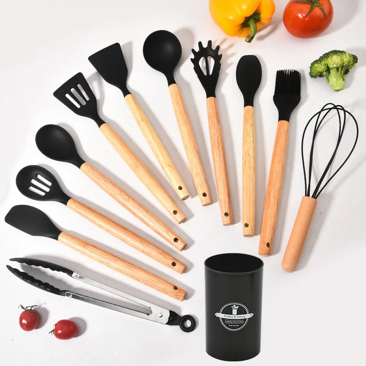 Ensemble d'ustensiles de cuisine en silicone Culinora | Résistant à la chaleur jusqu'à 230 °C | 12 pièces avec poignées en bois | Fouet, spatule, pince & plus
