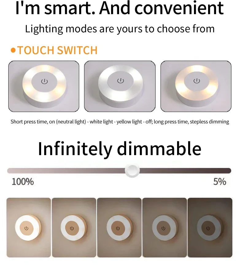 LumiTouch LED veilleuse | Magnétique & Rechargeable | Dimmable avec interrupteur tactile | 6 cm