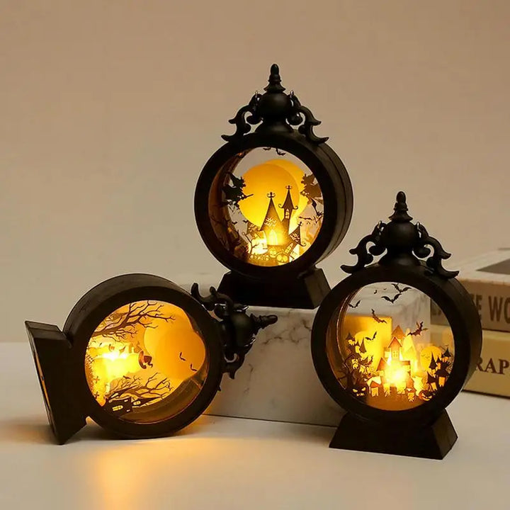 Hexenlicht | Lampe LED Halloween | Château gothique avec citrouille et sorcière | Lumière d'ambiance chaude