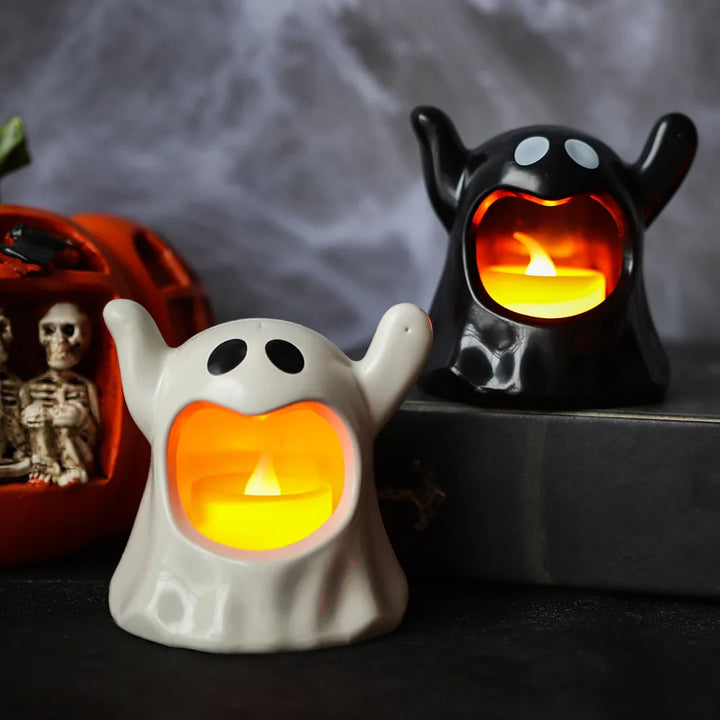 Lampe à bougie Halloween SpookyGlow | Lumière LED vacillante Blanc chaud | Fonctionne sur piles | Décoration pour maison, jardin & fête | 8×8 cm