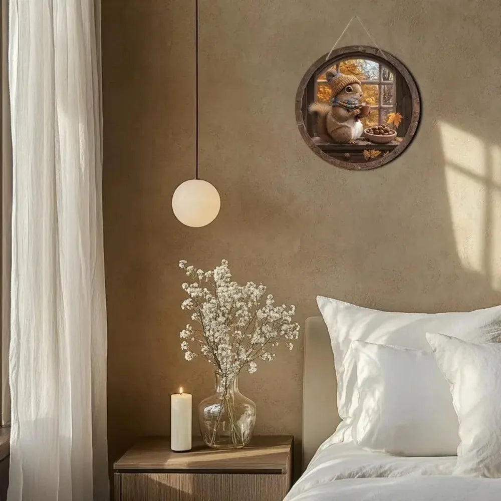 Panneau en bois AutumnTail | Panneau de bienvenue rond avec motif d'écureuil | 20–30 cm | Décoration d'automne et d'hiver faite à la main