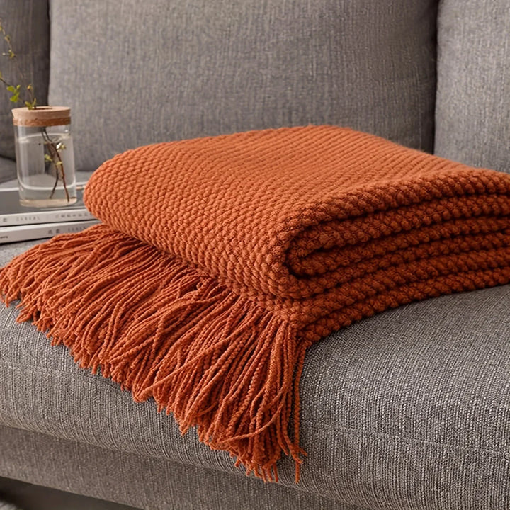 Aurelia Cozy Plaid en tricot avec pompons en orange Morandi | Doux & Réchauffant | 3 tailles | Pour canapé, lit & voyages