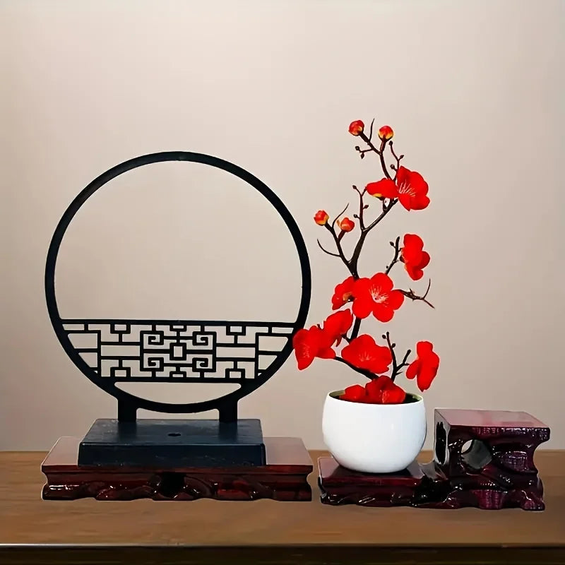 Kunst-Bonsai Prunus Élégance | Design de fleurs de prunier | Avec socle décoratif en paravent | 32 cm décoration de table
