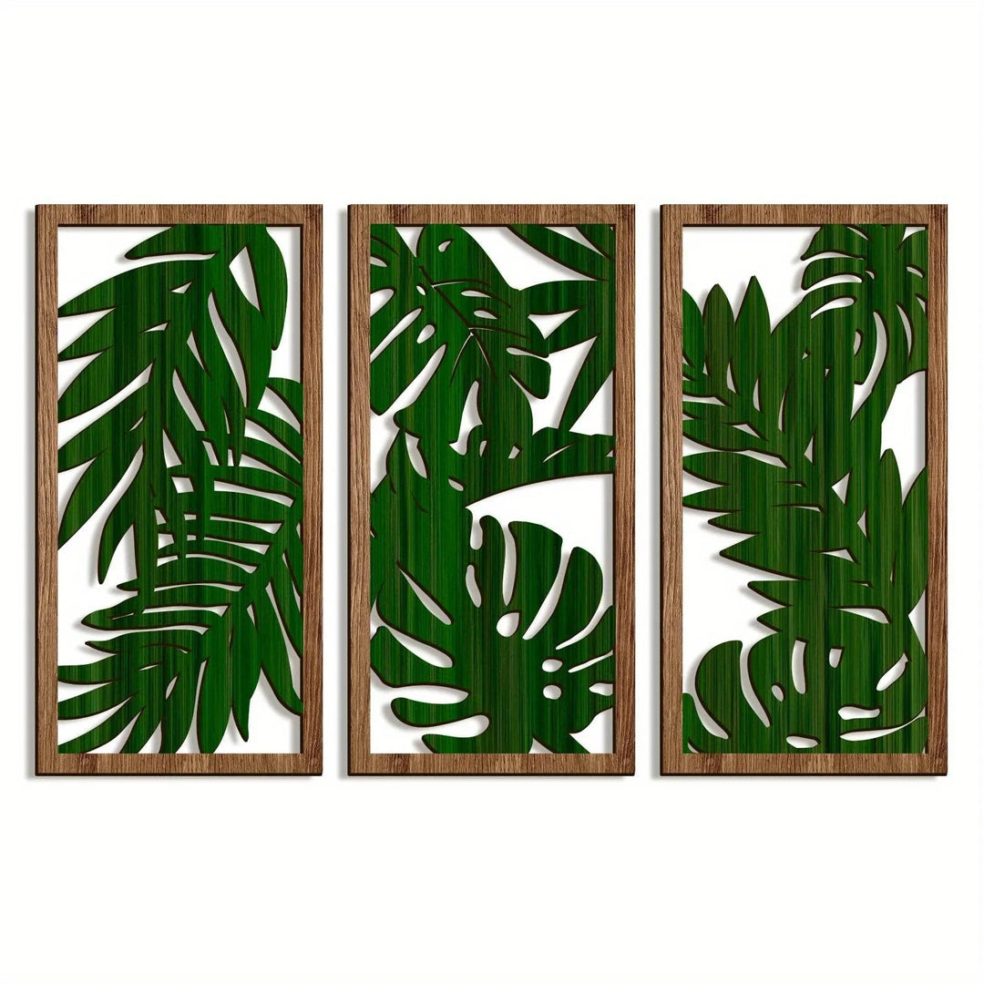 Set d'art mural LioraBoho | Set de 3 décorations murales en bois 40×20 cm | Design rustique de feuilles | Style Boho pour salon et chambre