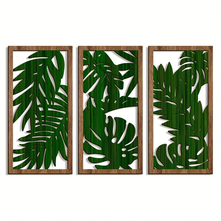 Set d'art mural LioraBoho | Set de 3 décorations murales en bois 40×20 cm | Design rustique de feuilles | Style Boho pour salon et chambre