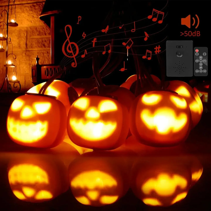 Guirlande lumineuse Halloween PumpkinPhantasm | 4,5 m | 8 citrouilles lumineuses avec mode son & musique | Télécommande & minuterie