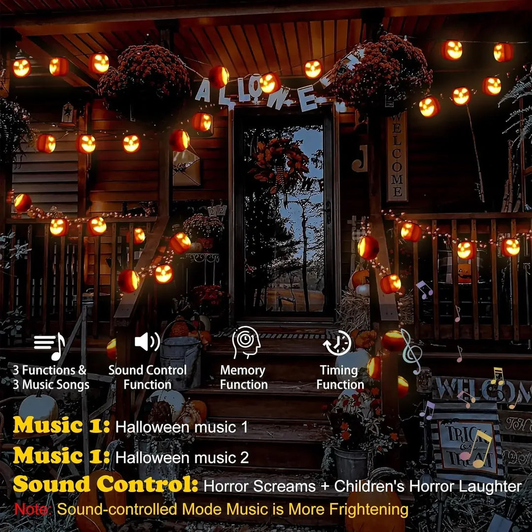 Guirlande lumineuse Halloween PumpkinPhantasm | 4,5 m | 8 citrouilles lumineuses avec mode son & musique | Télécommande & minuterie
