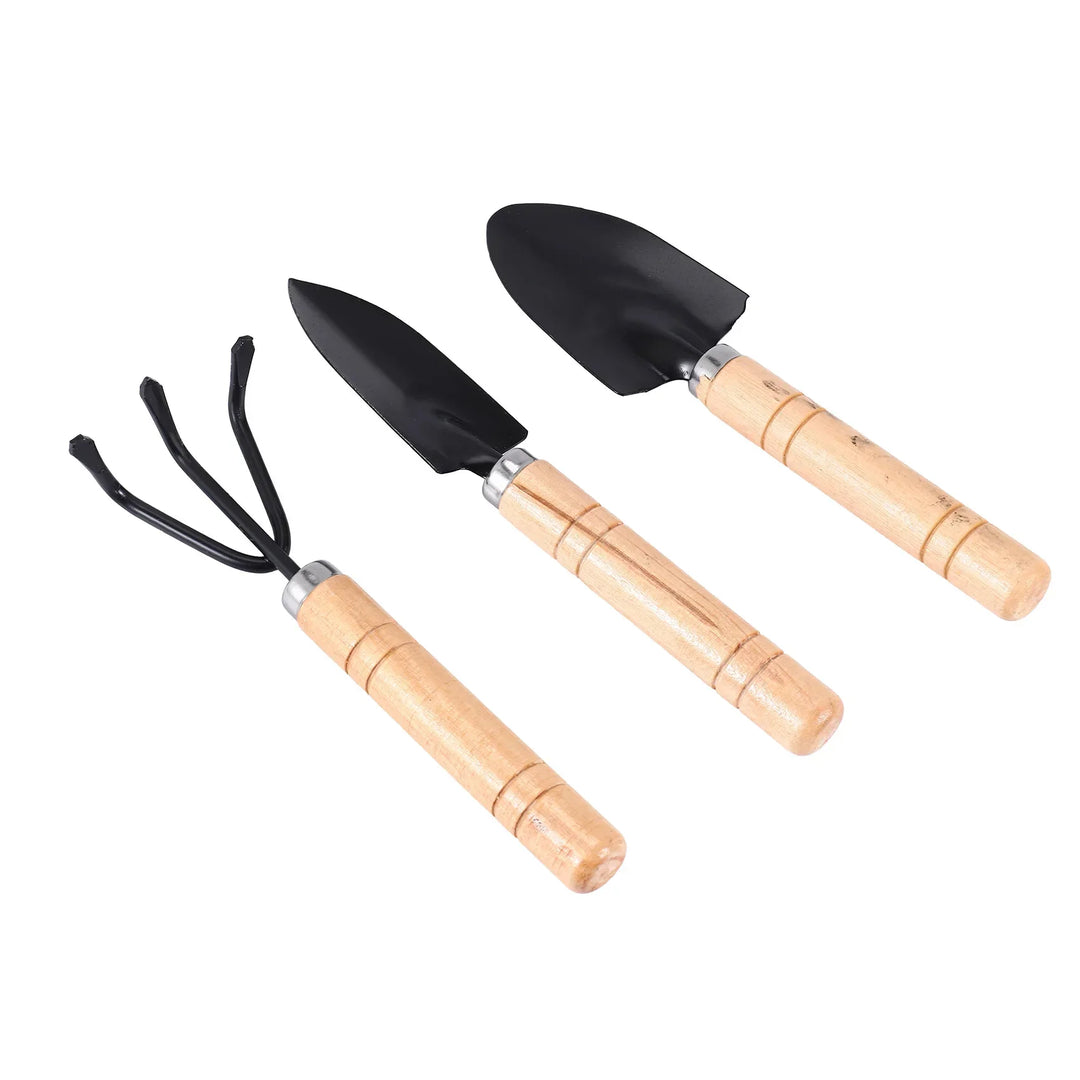 Ensemble d'outils de jardinage Mini Planturio 3 pièces | Pelle, truelle & râteau | Poignée en bois & tête en métal | Pour bonsaïs & plantes d'intérieur