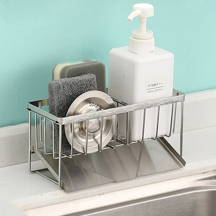 SteelNest | Organisateur d'évier en acier inoxydable | Support pour éponges et savon avec plateau d'égouttage | 21×8,2×10 cm