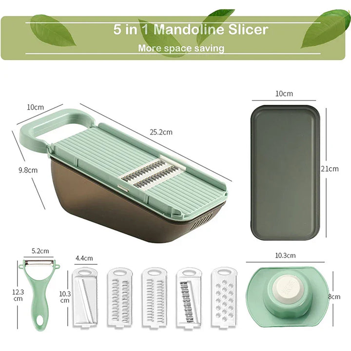 SchnippelMeister Coupe-légumes 5-en-1 | Multicoupe avec récipient de collecte | Râpe, mandoline & coupe en dés | Sans BPA & compatible lave-vaisselle | 27×11×10 cm