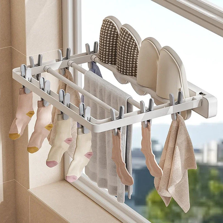 DryFold Séchoir mural pliable | Pliable et gain de place | Avec clips résistants au vent | Plastique/Acier inoxydable