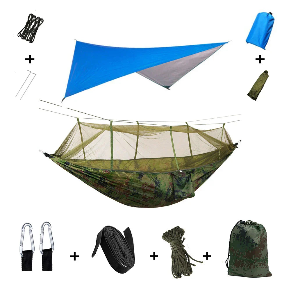Trekviva Hamac de Camping | Filet anti-moustiques intégré & Tarp de pluie | Ultra léger & Résistant | Solution 3-en-1 pour l'extérieur