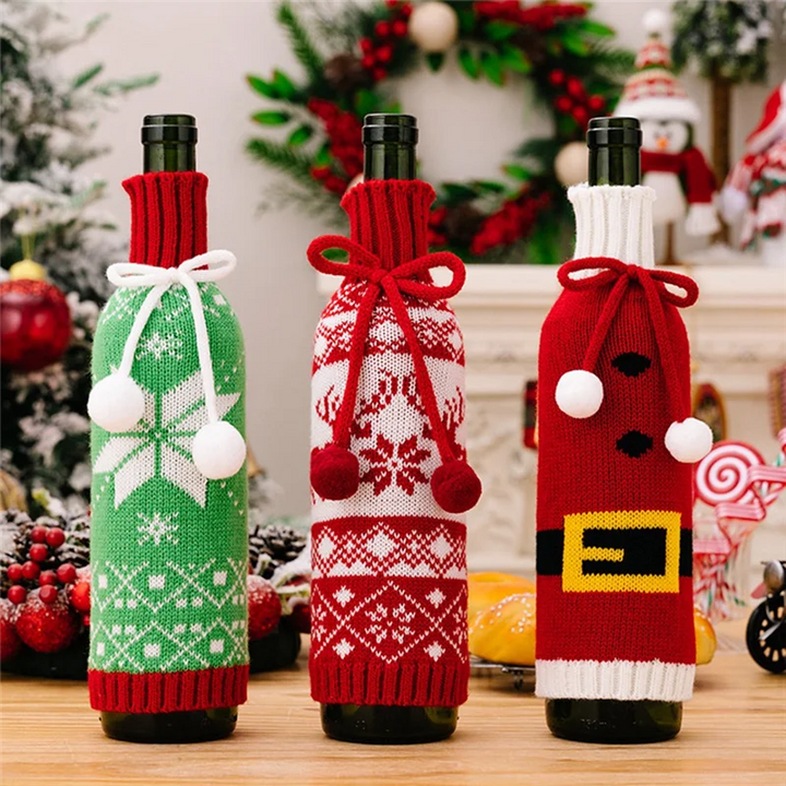 Festivelle Ensemble de 3 Housses de Bouteilles de Noël | Décoration de Bouteilles de Vin Tricotées | Avec Cordon de Serrage | Pour Bouteilles de Vin et de Champagne de 750ml | Polyester