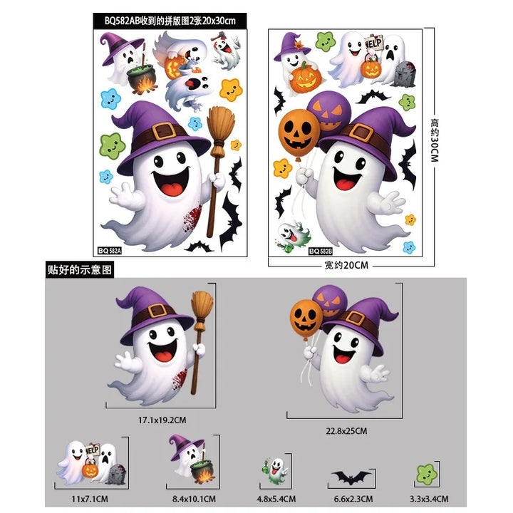 Autocollants de fenêtre SpookyPumpkins | Autocollants de décoration d'Halloween | Citrouille, chat & fantôme | Réutilisables & adhésifs statiques
