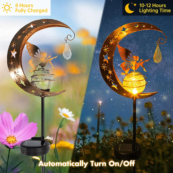 Lunafeya Lampe de jardin solaire avec Lune & Fée | Boule en verre fissuré | Étanche IP55 | Décoration romantique pour chemin & parterre