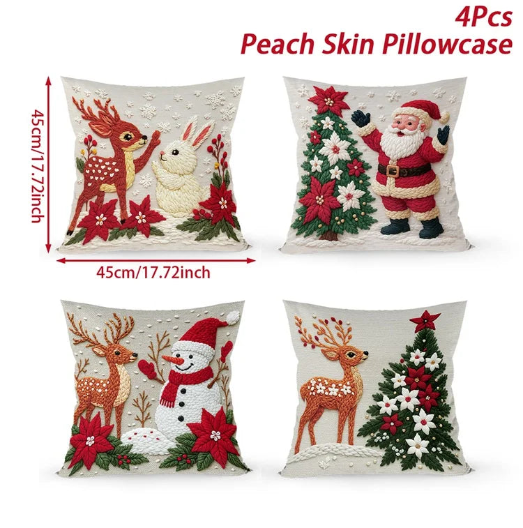 Ensemble de Housses de Coussin de Noël (4 pièces) | Décoration Festive pour la Maison | Coton Doux | 45x45 cm