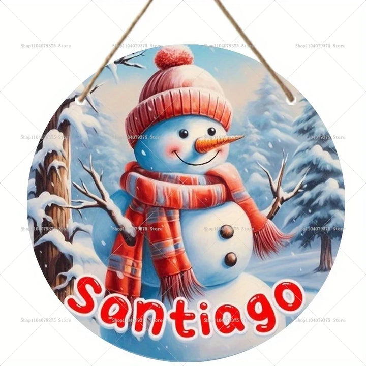Panneau de Noël en Bois | Suspension Ronde avec Bonhomme de Neige & Père Noël | Décoration de Porte & Mur