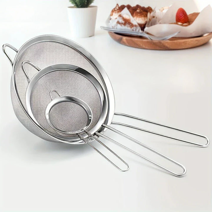 Ensemble de tamis de cuisine en acier inoxydable ProSift MeshLine | 3 pièces | Tamis fin pour farine, jus, lait de soja et pâtes | 8/10/14 cm de diamètre