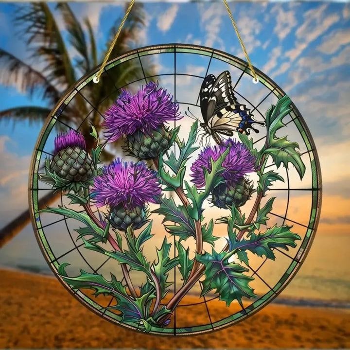 Attrape-Soleil ThistleLight | Décoration de fenêtre en acrylique ronde avec motif de chardon | 15–20 cm | Peint à la main & translucide