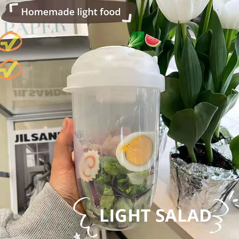Salatto Salat-to-go Becher 1000 ml | Boîte à lunch en forme de bouteille avec fourchette & contenant à sauce | Portable & alimentaire | Blanc/Vert