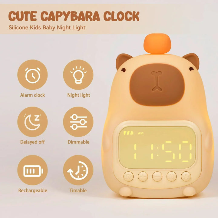 Réveil-lampe de nuit CappyGlow | Design Capybara | Rechargeable par USB 1200 mAh | Double alarme & 30 min. arrêt automatique | Enfants & chambre à coucher