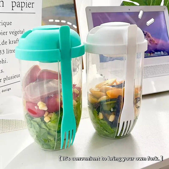 Salatto Salat-to-go Becher 1000 ml | Boîte à lunch en forme de bouteille avec fourchette & contenant à sauce | Portable & alimentaire | Blanc/Vert