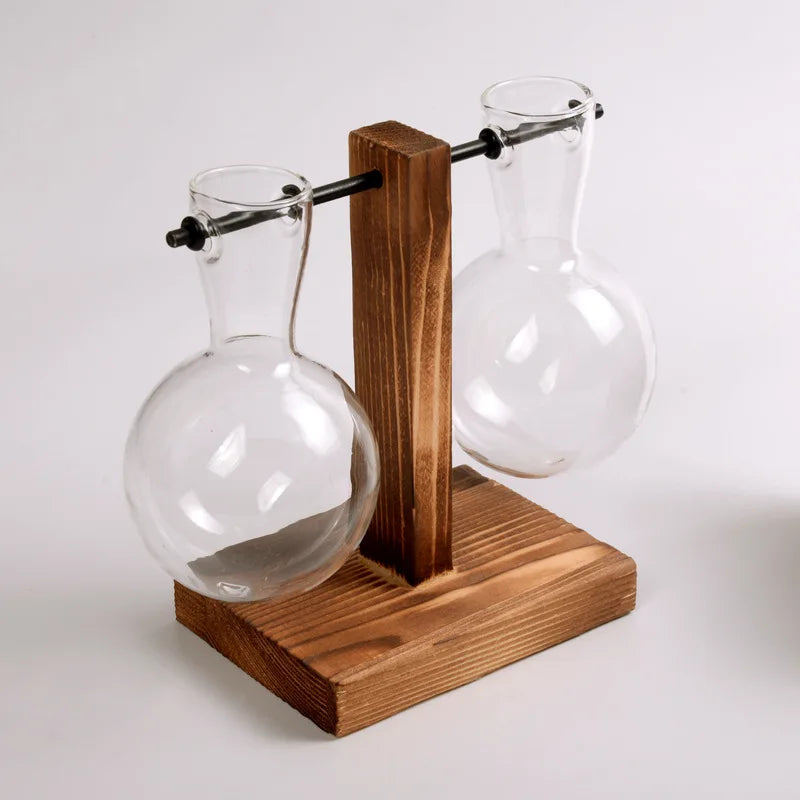 Vase en verre Naturiva Design avec cadre en bois | Pour fleurs coupées & hydroponie | Style scandinave | Ensemble de 3 pièces