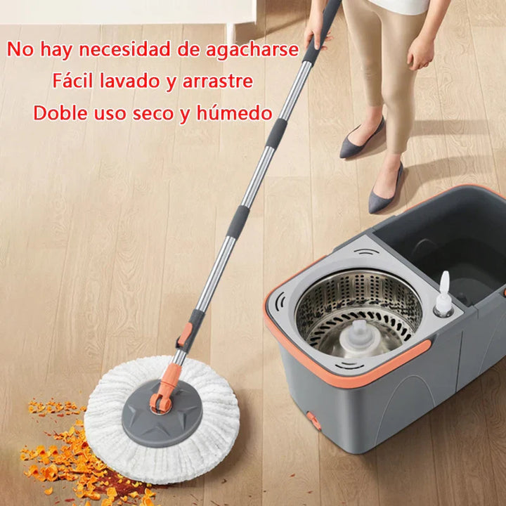 Duocleva Balai à franges avec seau à double compartiment | Manche en acier inoxydable de 138 cm | Tête rotative à 360° | Pour carrelages, bois et stratifié